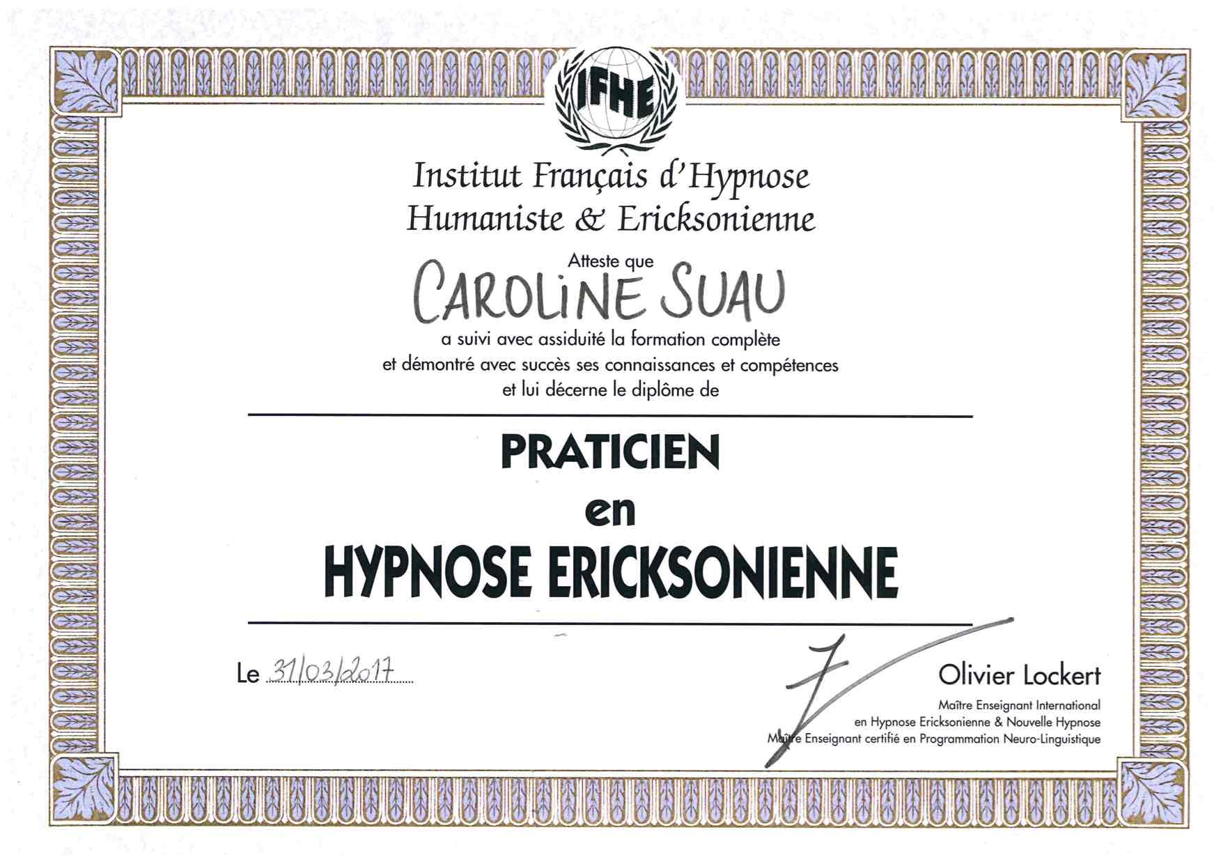 Diplome Hypnose Ericksonienne IFHE