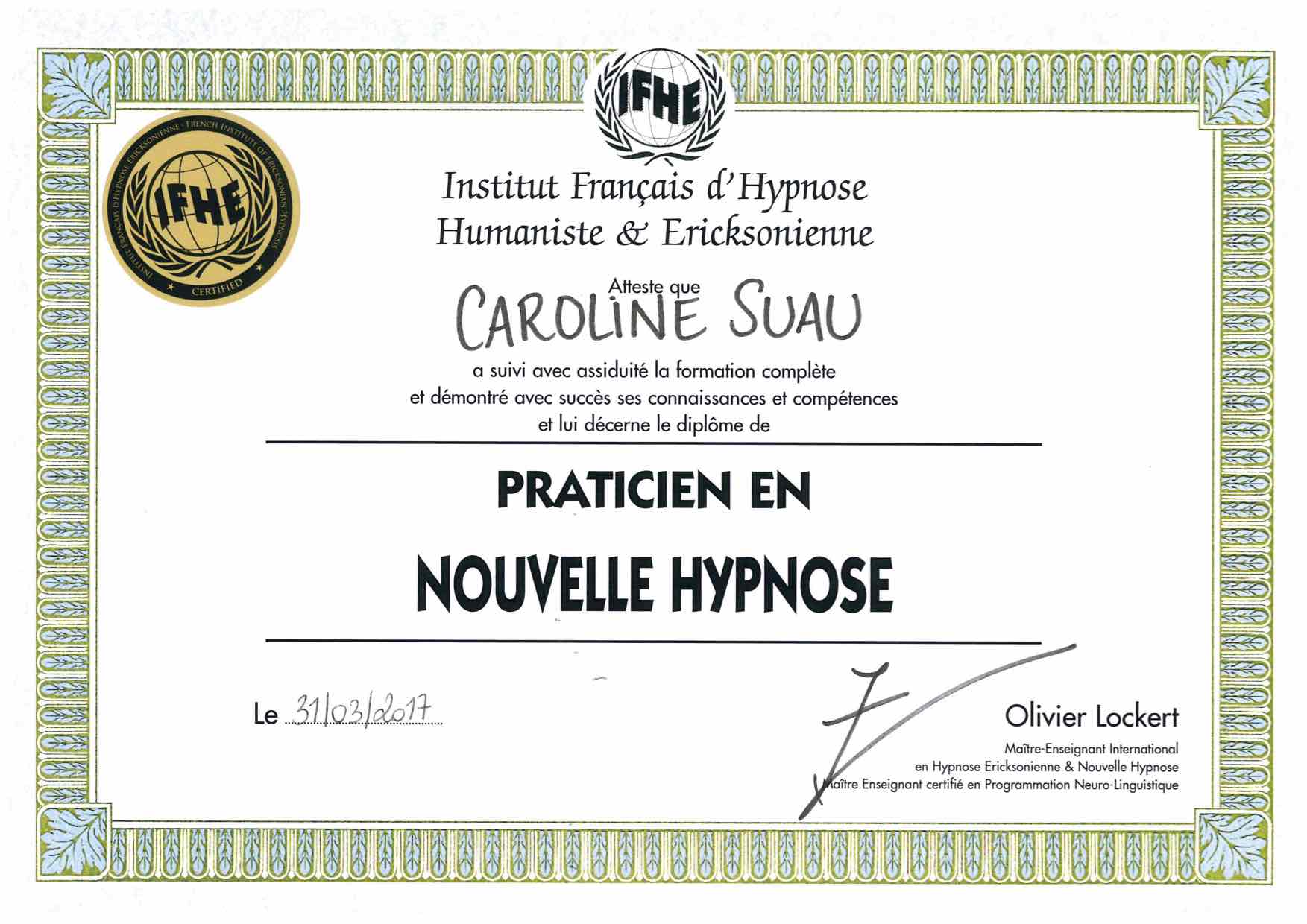Diplome Nouvelle Hypnose IFHE